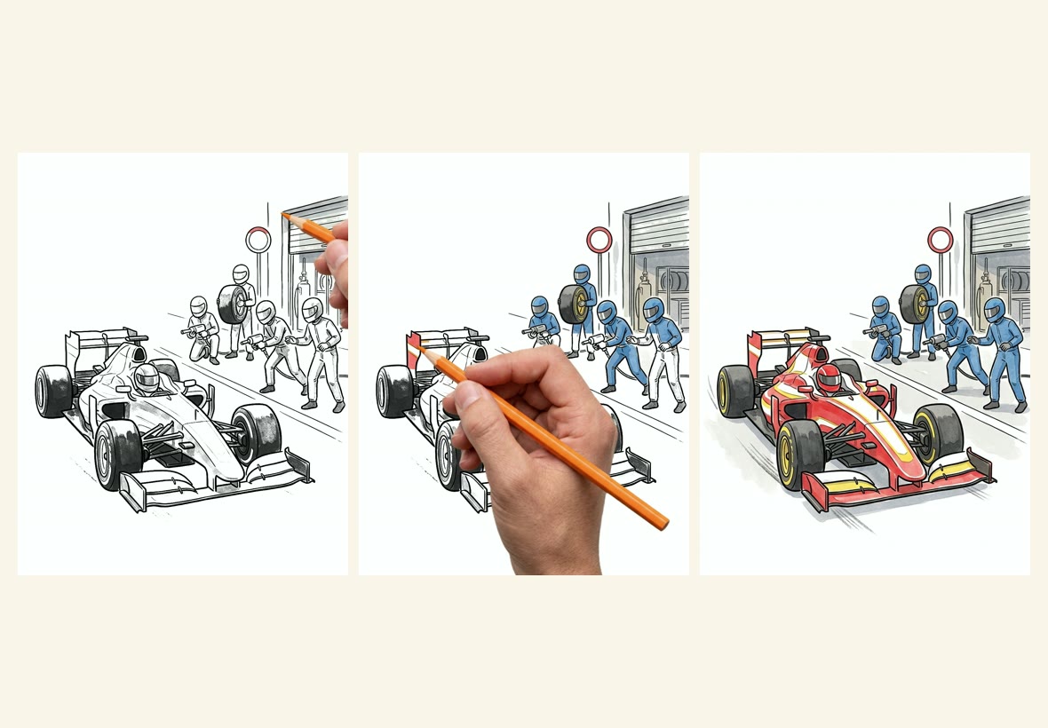 สามจังหวะของคลิปมือระบายสี ลายเส้น ระหว่างระบาย และภาพสีเต็ม